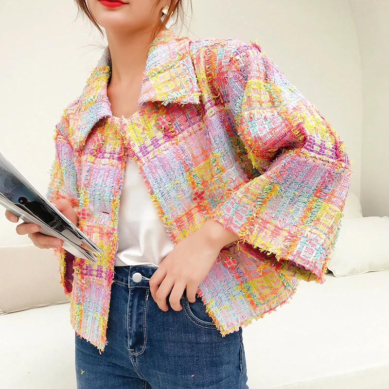 Best 2019 autumn female brand design colorful plaid double breasted tweed coats loose mixed color knitte