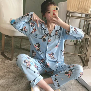 

2 Pieces Pajama Sets Spring Autumn Women Satin Pajamas Set Long Sleeve Femme Sleepwear Silk Pijama Mujer Pyjama Home Clothes