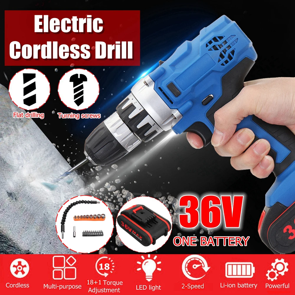 

Electric Drill + Bit Accessories 36V 18+1 Speed Torque Adjustment cordless drill power tools drill machine