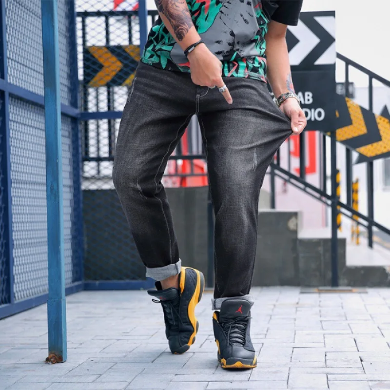 

Elasticity Jeans Men's Summer Loose Straight Popular Brand Large Size Casual Black And White with Pattern Plus-sized Lard-bucket