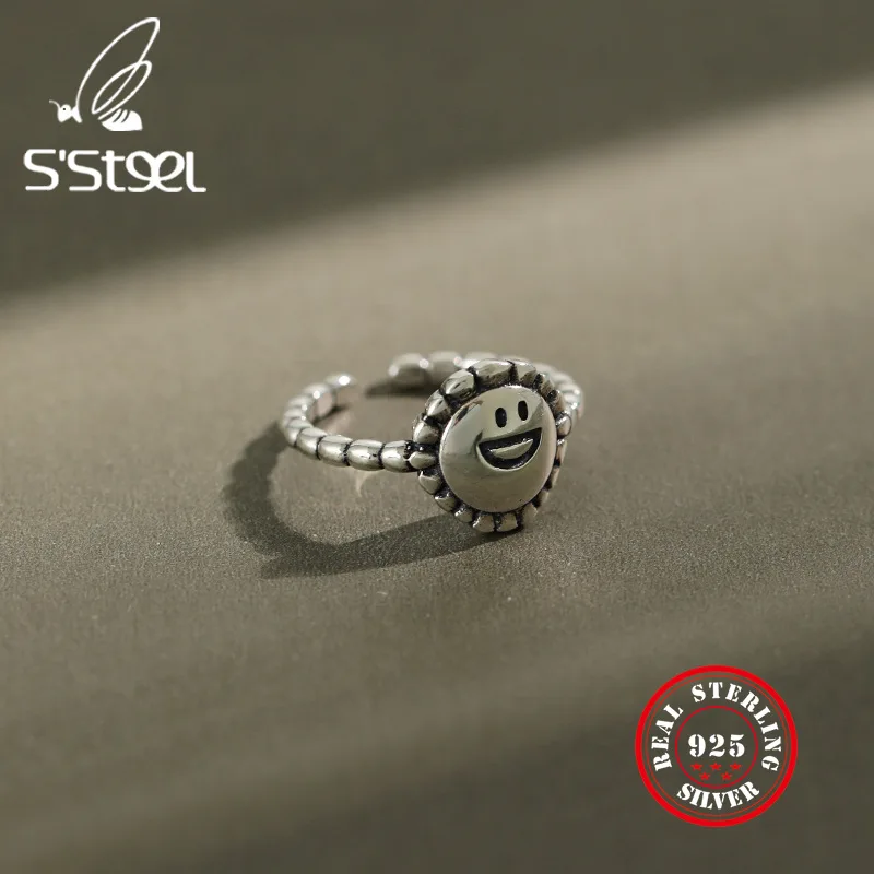 

S'STEEL Retro Face Smile Ring 925 Sterling Silver Rings For Women INS Vintage Resizable Anillos Plata 925 Para Mujer Jewelry