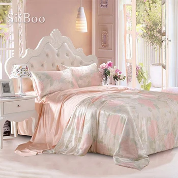 

Luxury pink floral print 19mm natural silk bedding sets duvet cover set ropa jogo de cama sik juego de cama king queen SP1371