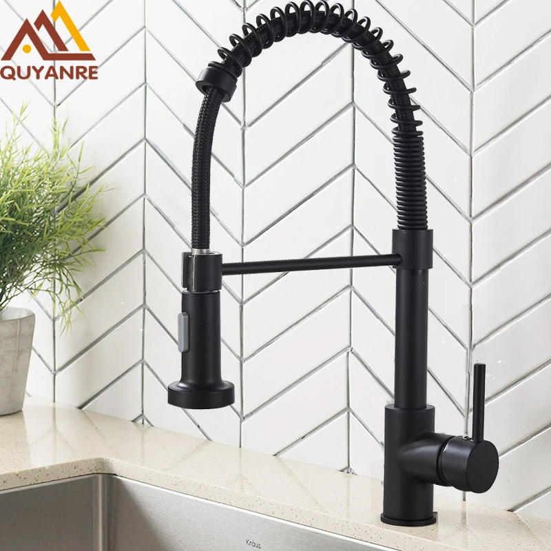  Quyanre Matte Black Kitchen Sink Faucet Pull Down Kitchen Faucet Single Handle Mixer Tap 360 Rotati - 33000476468