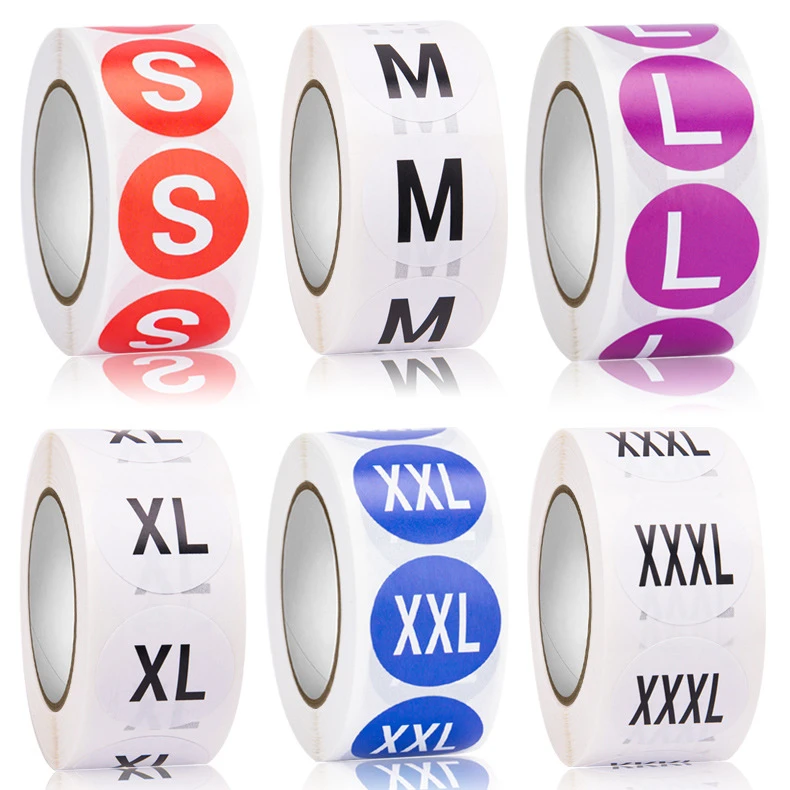 500pcs / Roll Clothing Size Sticker Labels Colorful Coded Adhesive Labels Round Clothing Sticker Labels XS, S, M, L, XL, XXL