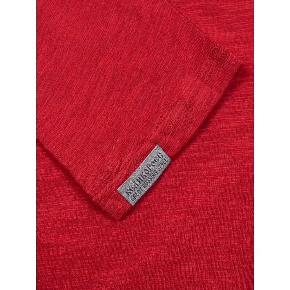 Лонгслив Великоросс однотонный красного цвета V образный ворот фламированная