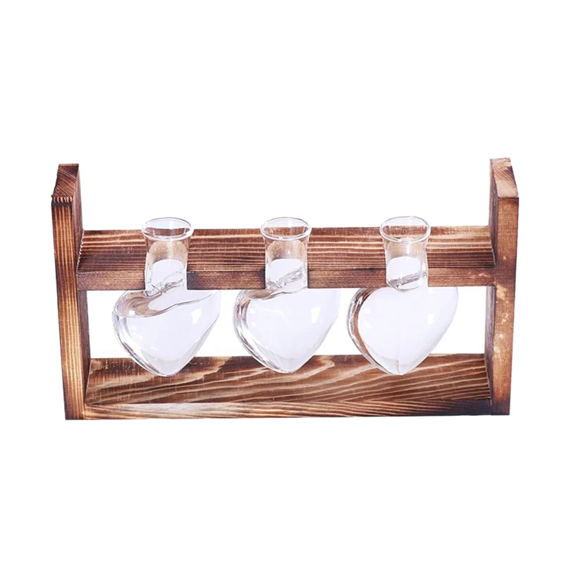 

Vintage Style Love Heart Shape Clear Glass Tabletop Plant Bonsai Flower Vase Wedding Party Decorative Terrarium With Wooden Tray