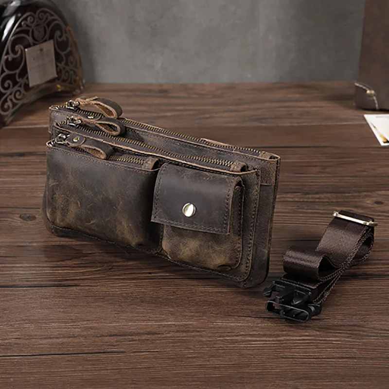 Crazy Horse Leather men Casual Fashion Travel Fanny Waist Belt Chest Pack Sling Bag Design Bum Phone Cigarette Case Male 811-29