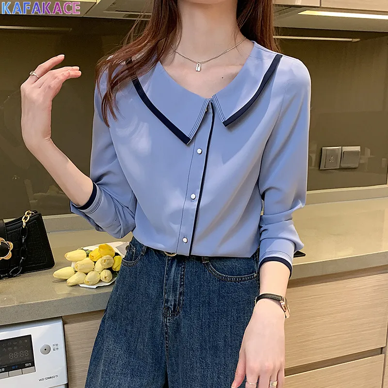 

KAFAKACE 2021 Blouses Shirts Women Chiffon Sexy Lapel Office Wear Lady Patchwork Blouse Fashion Elegant New Shirts Clothing
