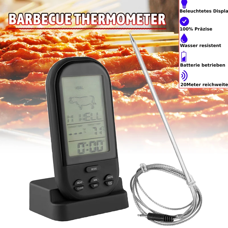 

BBQ Grill Wireless Digital Thermometer Meat Food Temperature Meter Black With Stainless Steel Probe For Kitchen Cooking