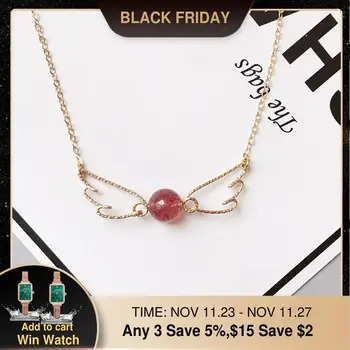 

Gold Filled Angel Wings Necklaces Kolye Choker Handmade Natural Strawberry Quartz Pendants Collares Chocker Jewelry For Women