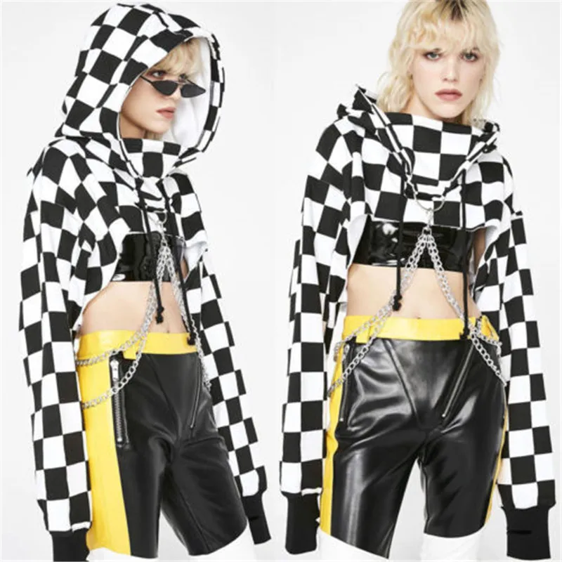 2019 Cool Girl Sweatshirt Gothic Punk Crop Tops Long Sleeve Hoodie Sweatshirt Women Autumn Plaid Bl