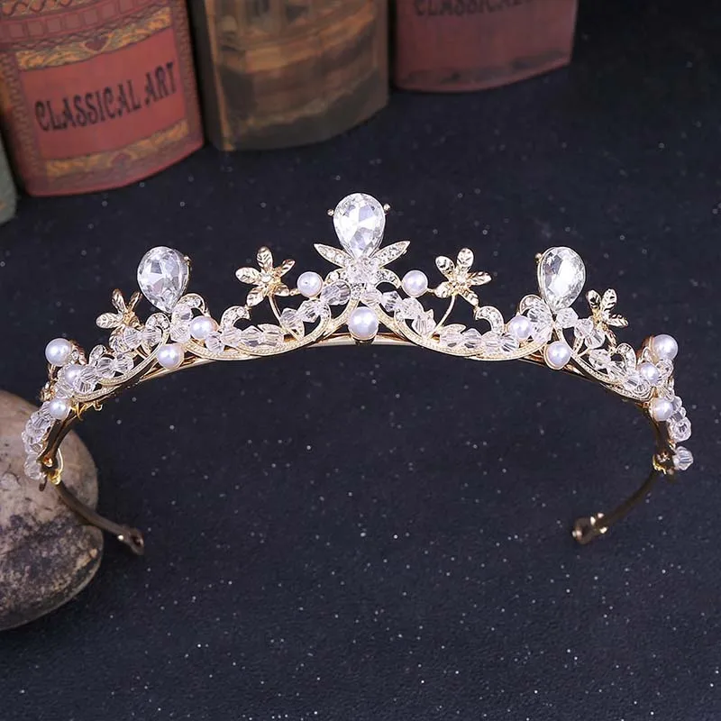 Gold Модный кристалл оптом имитация жемчуга тиара и короны принцесса Noiva Свадебные украшения для волос diadema головные уборы - Окраска металла: Gold