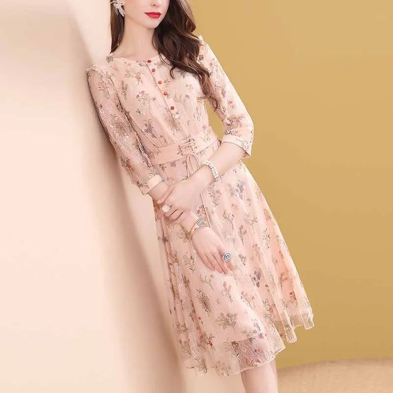

Spring Clothing Gauze Printed Large Size Three-quarter-length Sleeve Dress Women's Spring And Autumn Mid-length 2019 New Style S