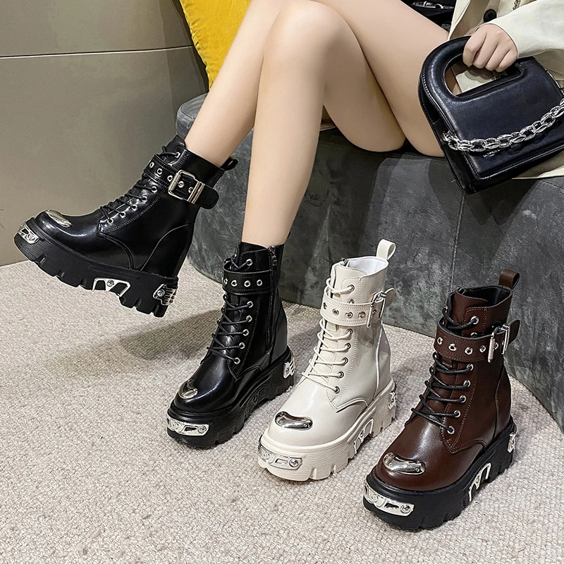 Women Punk Style Ankle Boots Fashion Metal Decor Black Lace Up Chunky