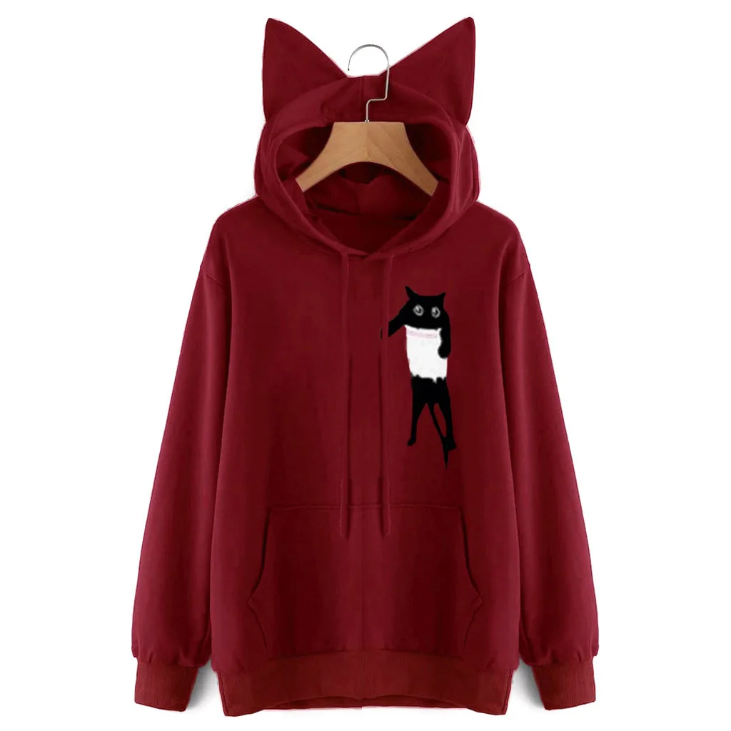 Новинка 2019 осень женские милые Мультяшные кошачьи уши Hoddies однотонная шапка с