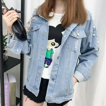 

Women Embroidery Butterfly Pearl Bead Short Jacket Female Long Sleeve Beading Denim Jacket Sequin Oversize Jacket