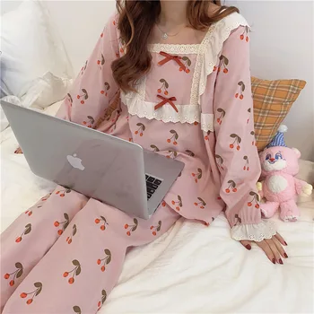 

Autumn new products pure cotton long-sleeved trousers lace princess sweet and cute square collar cherry print female pajama set