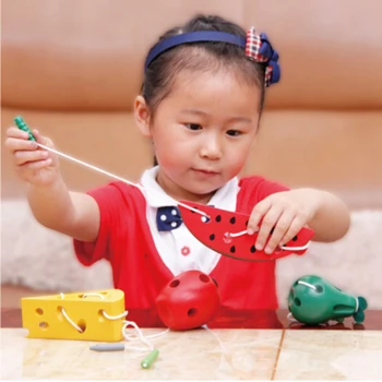 

Baby Kids Montessori Teaching Aids Wooden Threading Toy Insects Eat Fruit Cheese Maze Toy Wooden Puzzle Enlightenment Game Toys