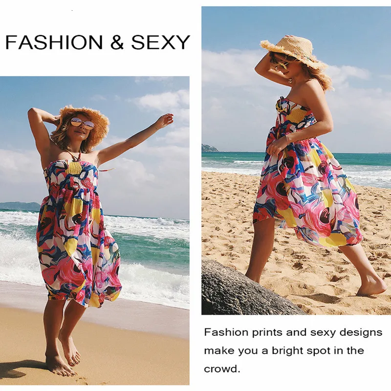 LOSSKY Women Sexy Beach Chiffon Midi Dress Strapless Halter Backless Midi Dress Summer Knee-Length Casual Ladies Fahion Dresses