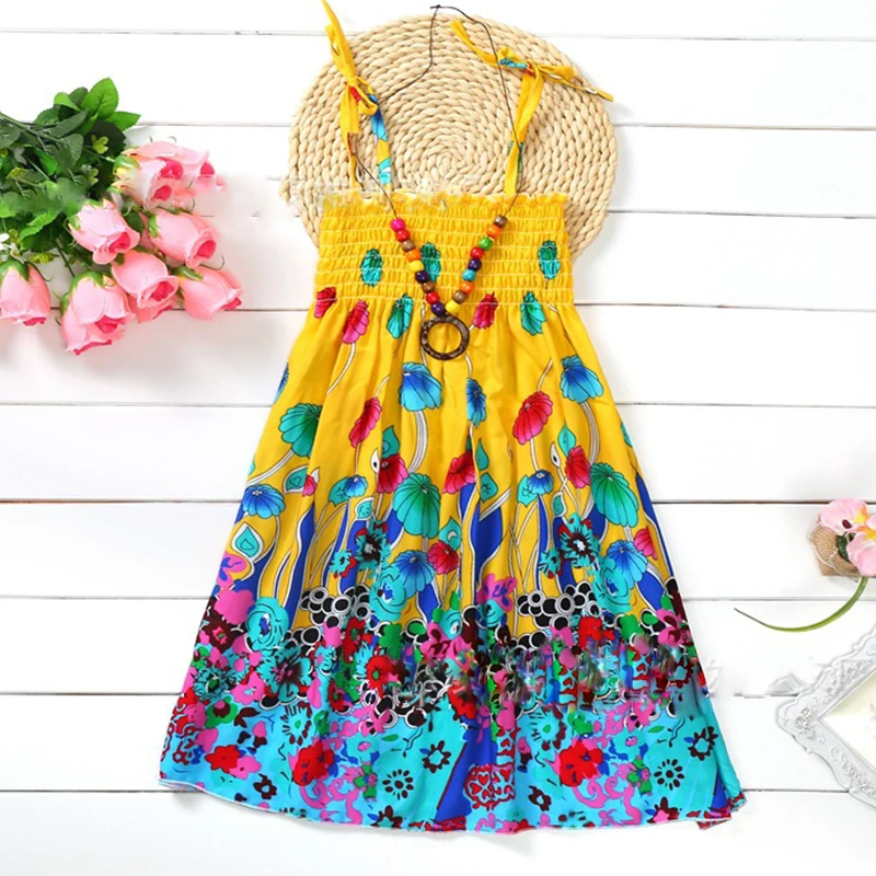 2020 Summer Bohemian Rainbow Beach Girl's Dress With Beading Necklace 2pcs Sundress Floral Sling For Girl Vestido Infantil | Детская