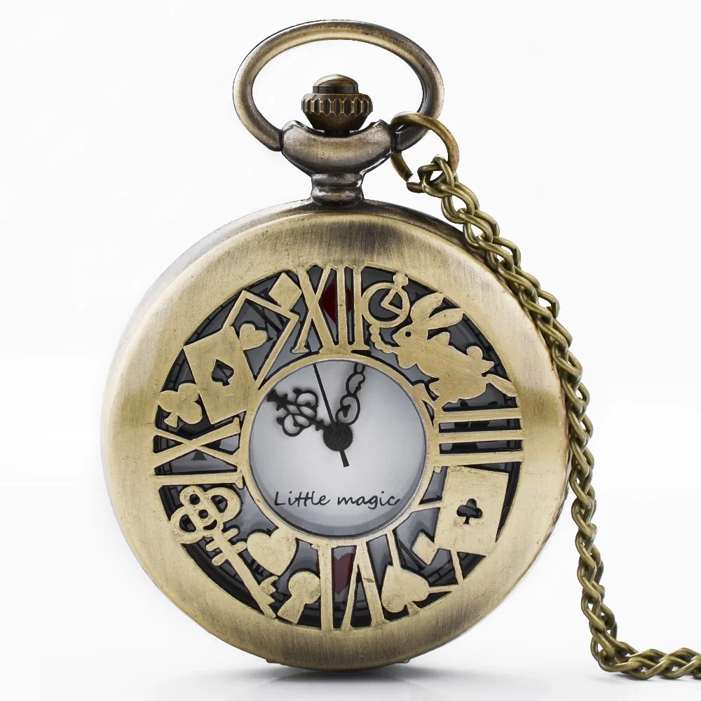 

IBEINA Alive in Wonderland Poker Card Theme Full Hunter Quartz Engraved Fob Retro Pendant Pocket Watch Chain Gift