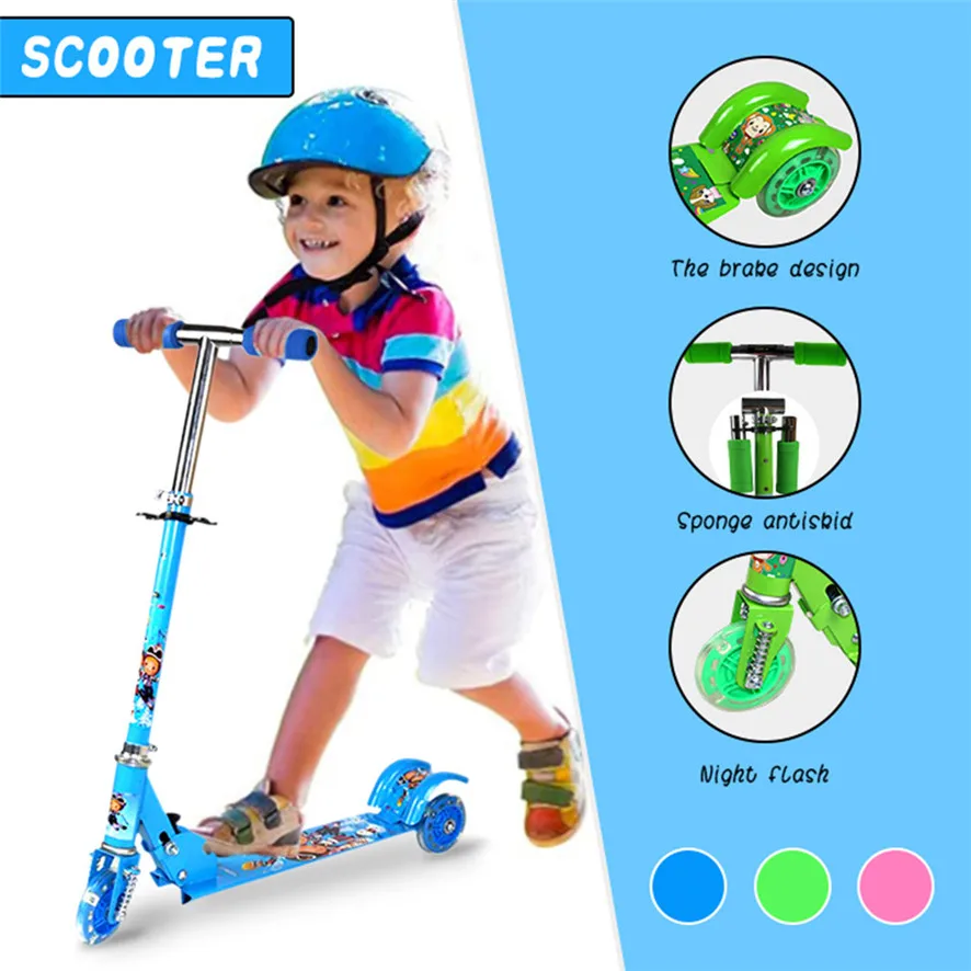 Children's three-wheeled scooter block with shock-absorbing brake flash wheel foldable lifting LED Light Up Adjustable | Спорт и