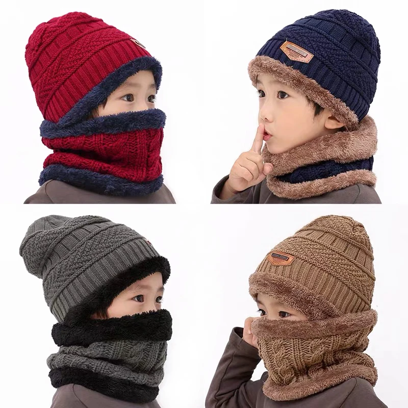 

2019 New Winter Children Knitted Hat Ring Scarf Sets Kids Warm Baby Plus Velvet Thick Soft Cap Boys Girls Fleece Lining Beanies