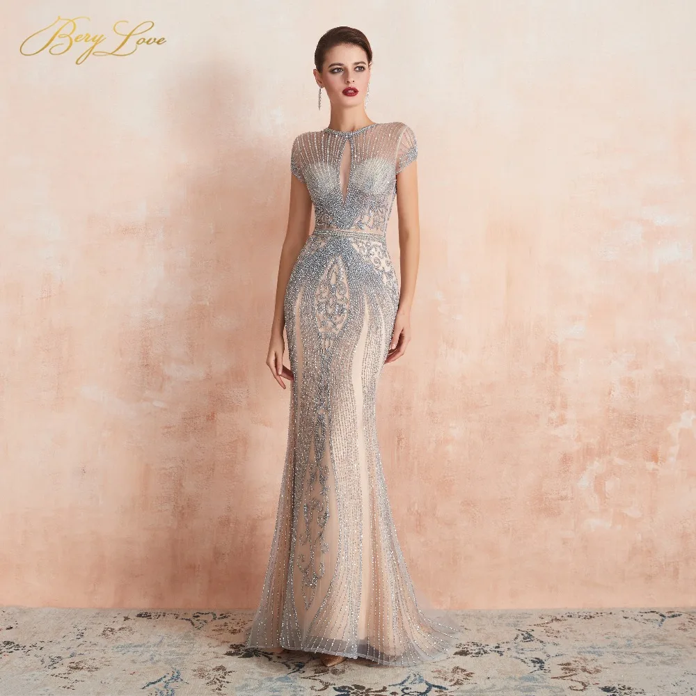 

BeryLove Dress Luxury Rhinestones Nude Mermaid Evening Dress Cap Sleeves Long Evening Pageant Dresses Formal Gown robe de soiree