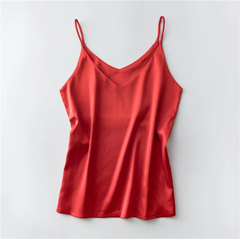 Летняя женская майка, сексуальная шелковая форма для гимнастики, майка с v-образным вырезом, женская футболка, одежда для тренировок, однотонный мягкий атласный спортивный жилет - Цвет: Красный