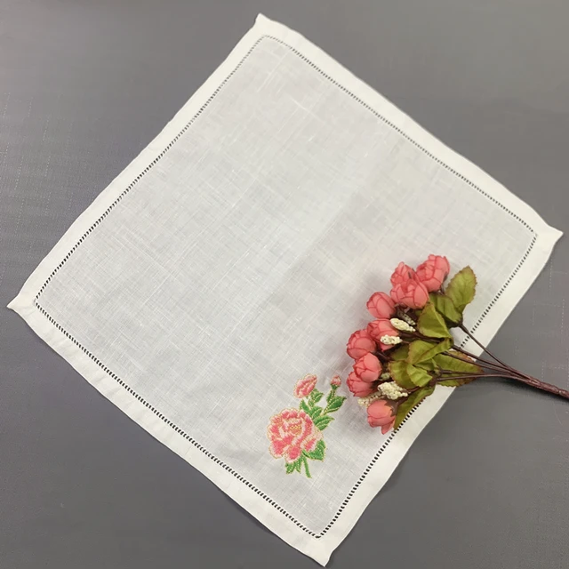 12 Pc -K Esküvői Zsebkendő Fehér Tiszta Ramie Szövet Rózsa Hímzett 13X13 Hüvelyk - Image 6