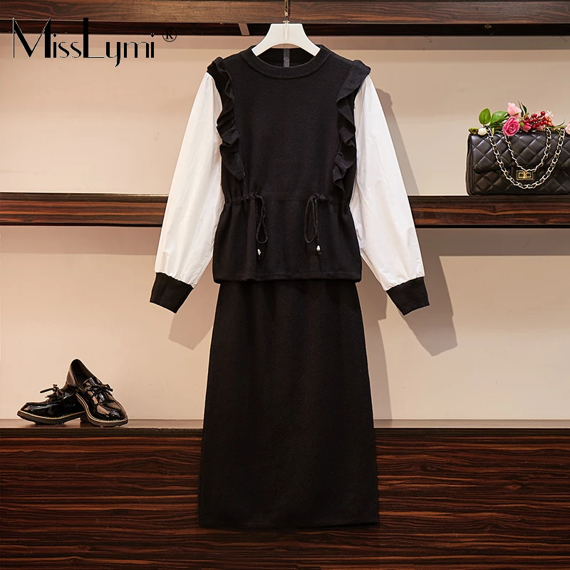 MissLymi L-4XL,, осень, зима, повседневный женский свитер, костюм, юбка, модный свитер, шифон, Прошитый+ юбка, костюм из двух частей