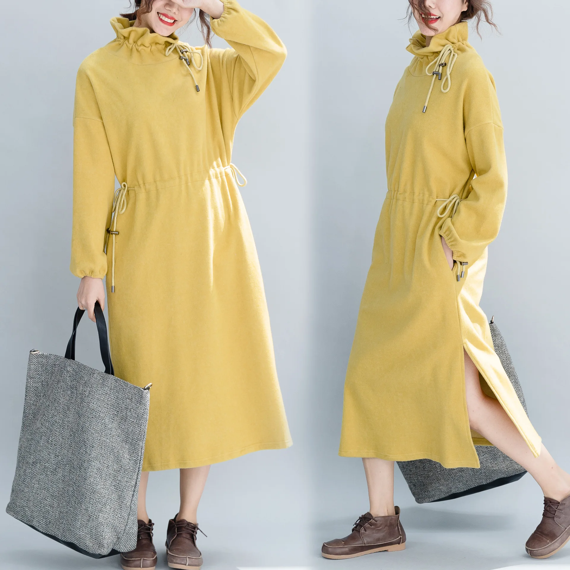 

Loose And Plus-sized Wool Cashmere Woolen Cloth Drawstring Base Dress