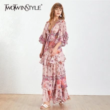 TWOTWINSTYLE, сексуальные платья с v-образным вырезом, женские платья с оборками, рукав до локтя, с вырезом, длина по щиколотку, с принтом, женское платье, весна, повседневная мода