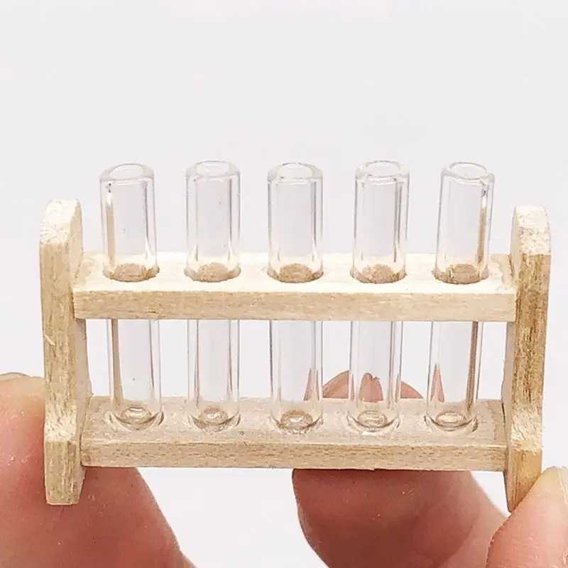 New 5pcs/set Laboratory Glass Test Tubes with Wooden Rack Set 1:12 Dollhouse Miniature Accessory Decoration Ornament