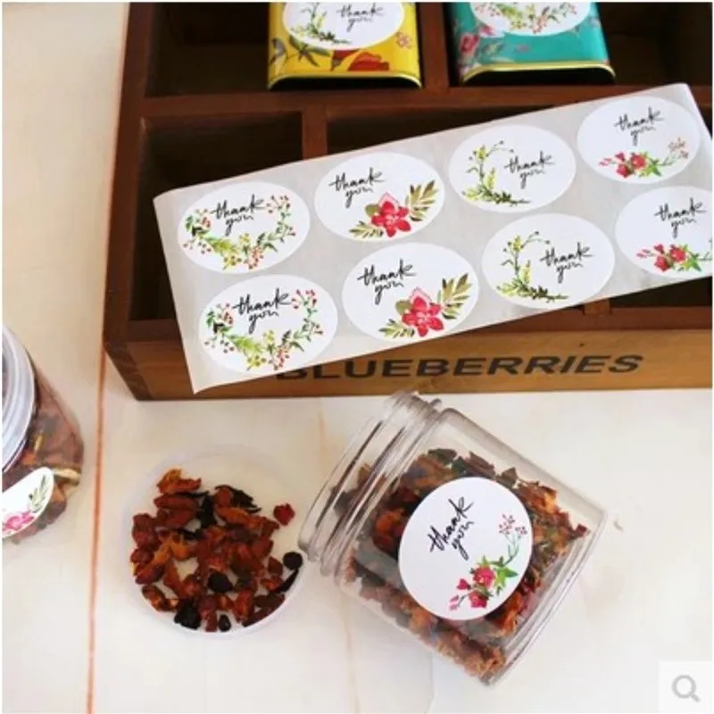 

120pcs/set Elegant Oval Vintage Thank You Flower Ellipse Adhesive Kraft Seal Sticker For Baking Gift Label Stationery Stickers