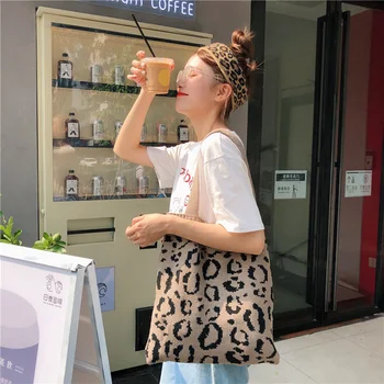 

Fashion Knitted Shoulder Handbags Vintage Women Leopard Pattern Large Capacity Shopping Travel Top-handle Bags