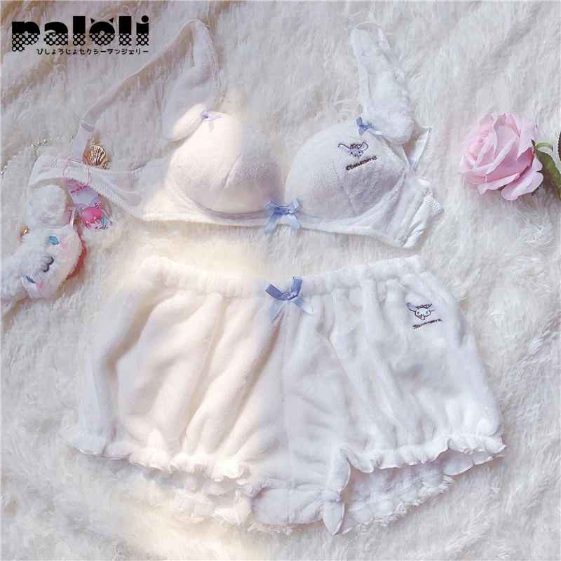 

Cute Pink White Velvet Bra And Panties Set Anime Tank Long Ear Doggy With Fluffy Bloomer Shorts For Girl Cartoon Pattern Pajamas