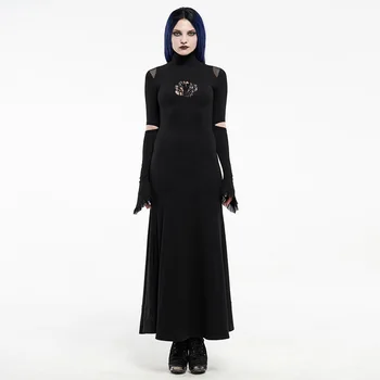 

PUNKRAVE Women's Gothic Red-eyed Spider Embroidered Dress Simple Style Slim Fit Elastic Peruvian Cotton Long Sleeve Dress