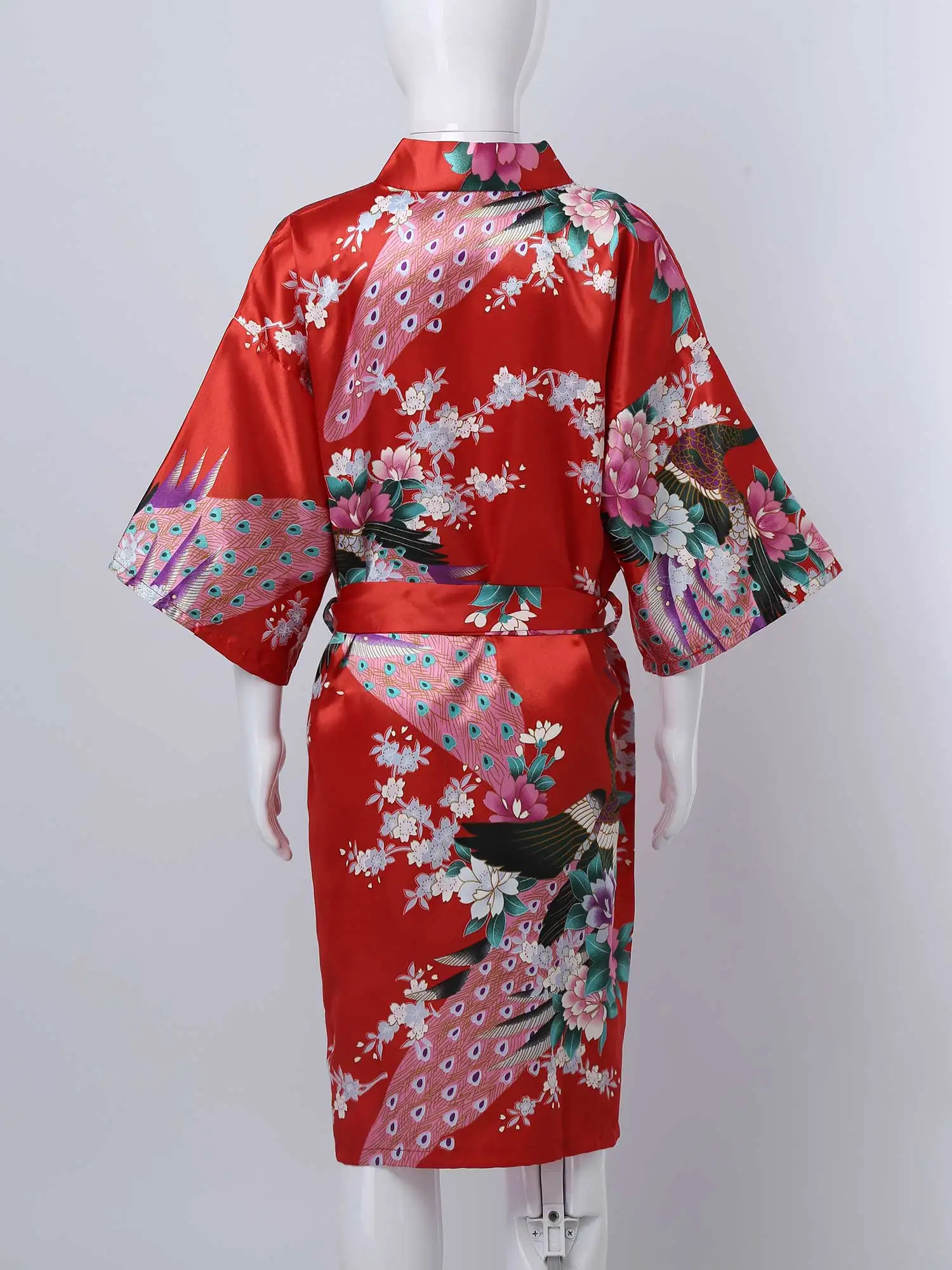 Batas de noche japonesas para niños y niñas, Kimono de satén de imitación con estampado de flores de pavo real, bata de baño, camisón para fiesta de Spa, boda y cumpleaños