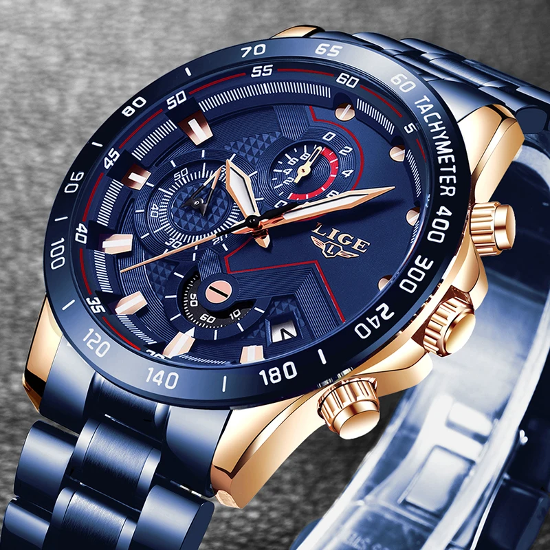 Kaufen LIGE Männer Uhren Top Marke Luxus Edelstahl Blau Wasserdichte Quarzuhr Männer Mode Chronograph Männlichen Sport Military Uhr