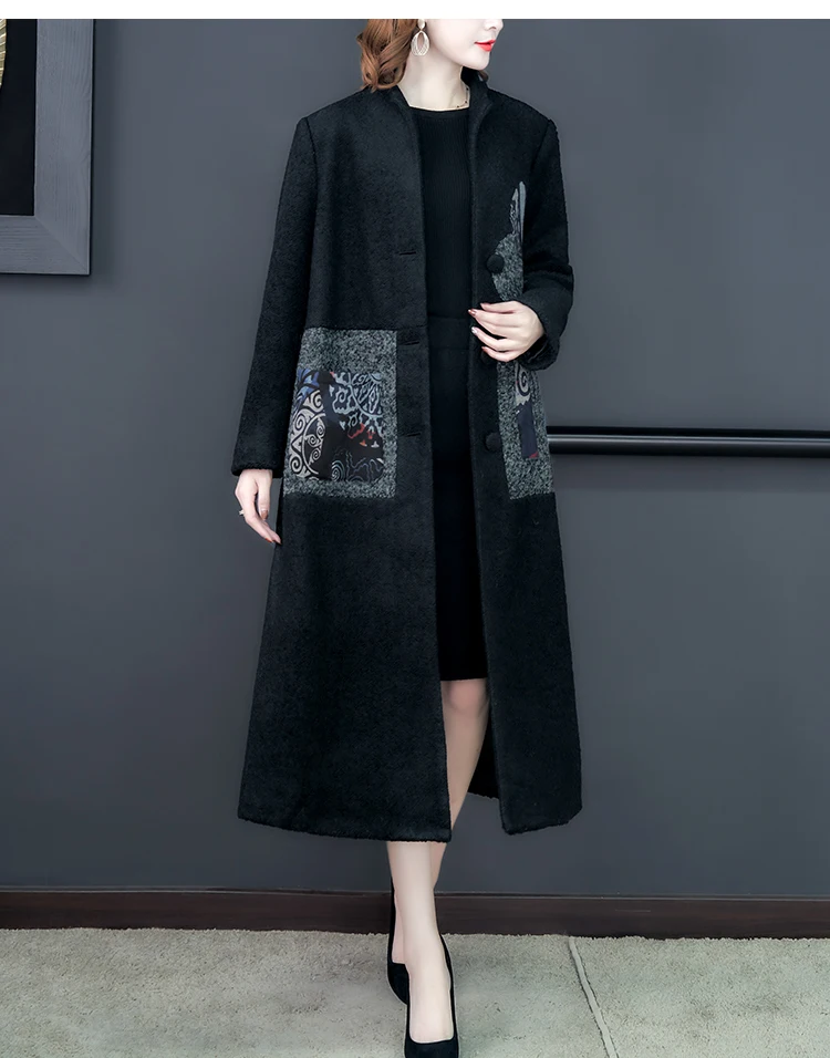 Осень-зима большой Размеры Национальный стиль шерстяные пальто свободного кроя, с бархатной подкладкой плотная Для женщин длинный плащ пальто V1206
