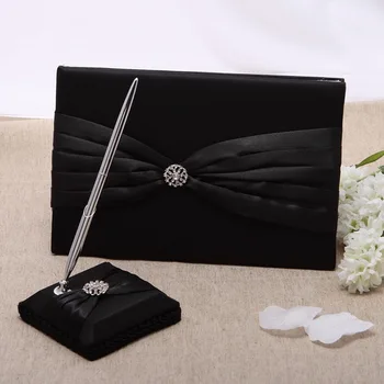 

Black Color Guest Book Pen Set Satin Classic Theme With Rhinestone