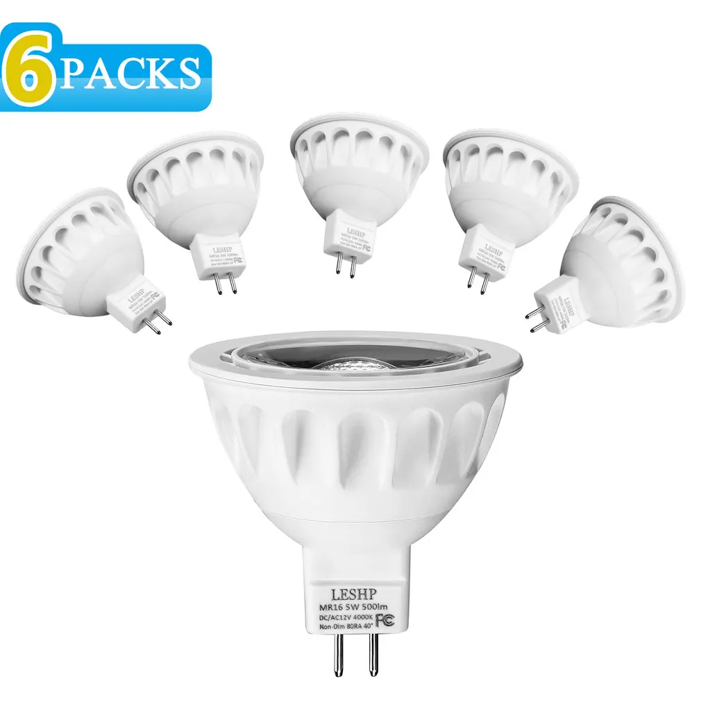 

LESHP White MR16 AC/DC12V 5W LED Spotlight 4000K 500LM Non-Dimmable 40 Degree Beam Angle Compact Size Light Weight