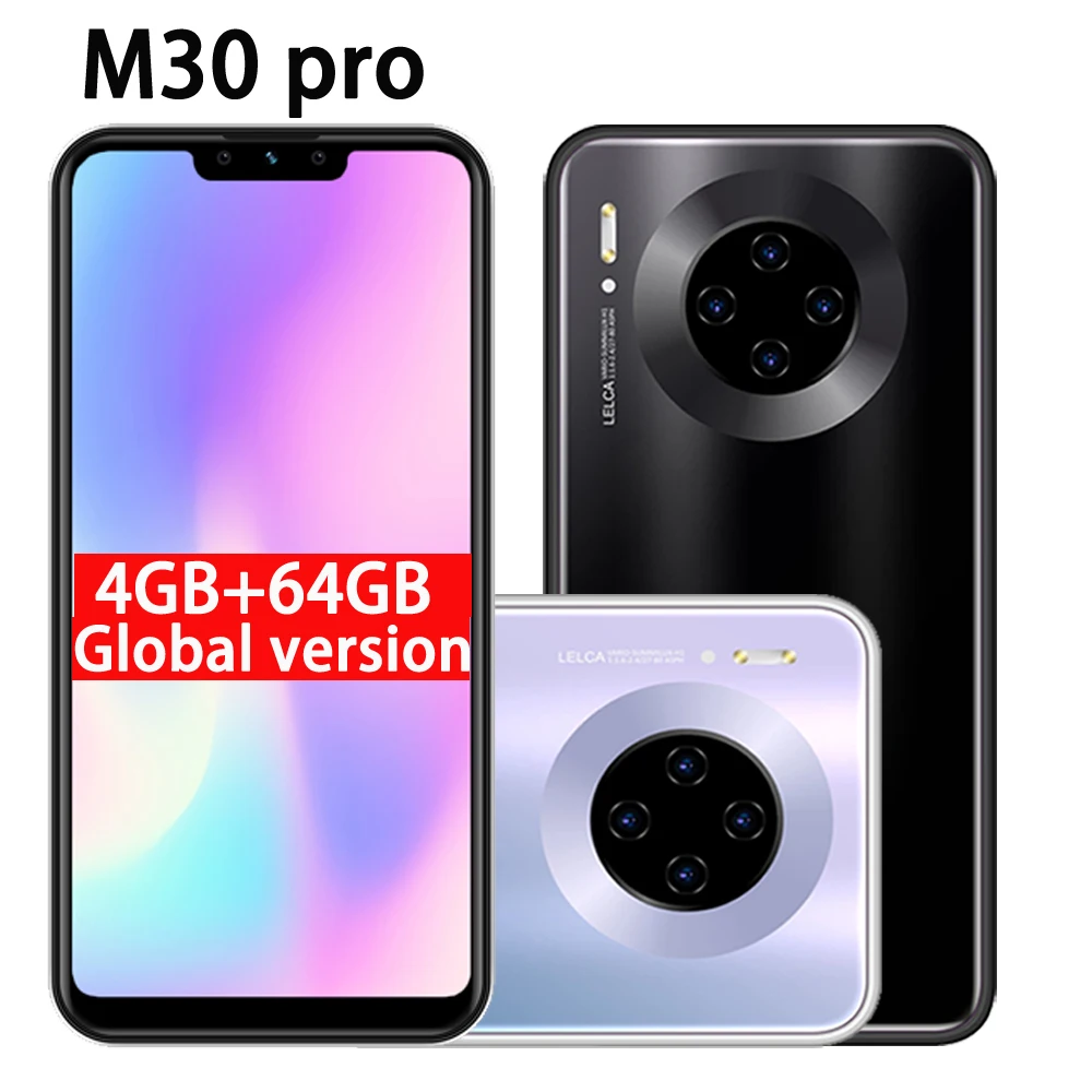 

M30 pro MTK6580 quad core 4G RAM 64G ROM celulares 13MP Camera 6.26inch Screen mobile phones android face ID smartphones