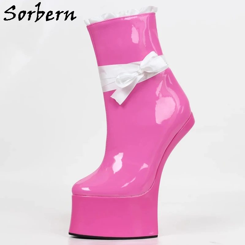Sorbern Exotic Bowknot Horse Heel Boots Ankle High Heelless Comfortable