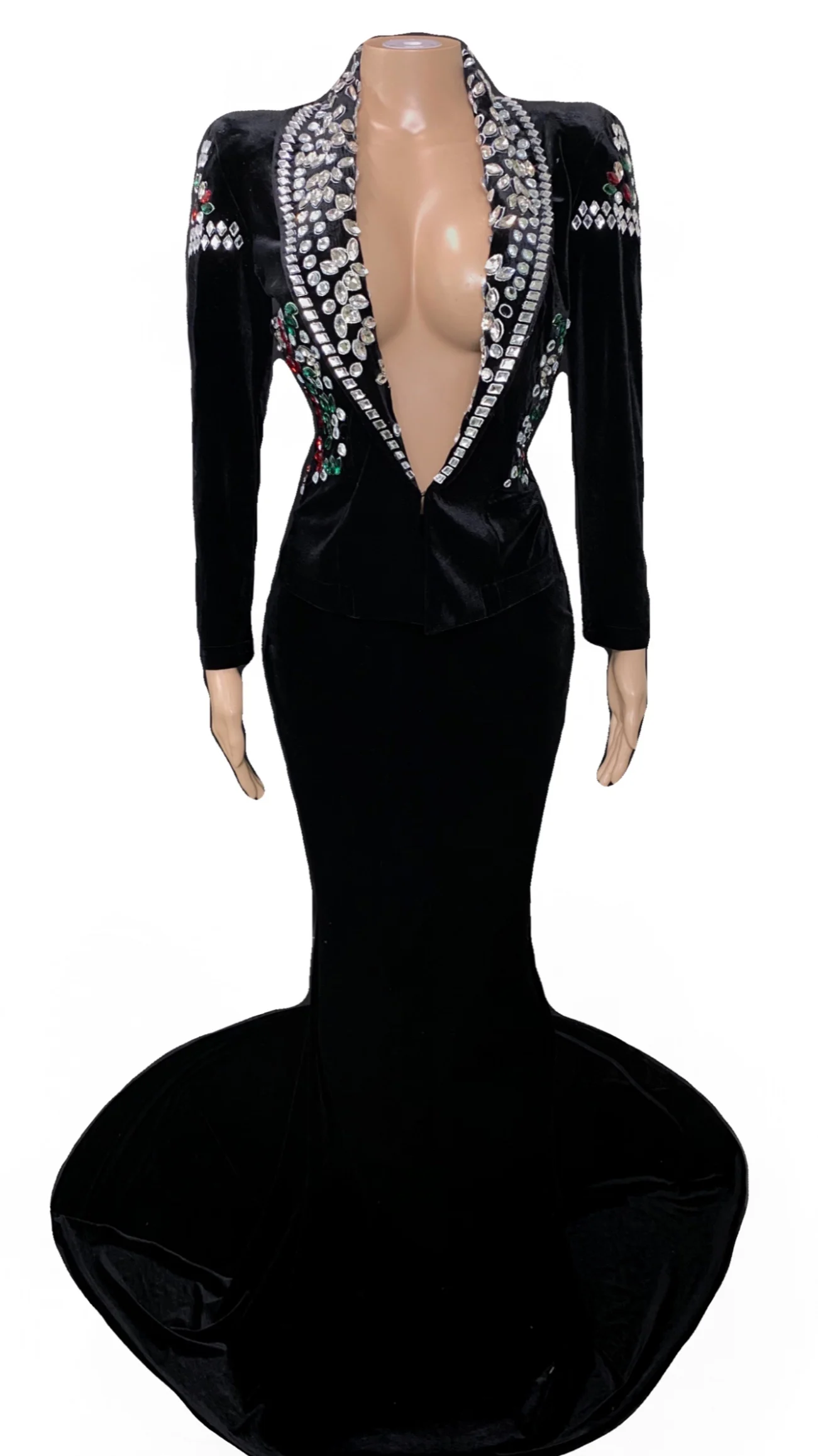 

Sexy Stage Sparkly Crystals Black Velvet 2Pcs Set V-neck Top Long Train Skirt Dress Dance Prom Outfit Birthday Singer Costume