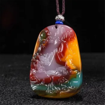 

Colgante de pintura de paisaje floreado con Jadeíta de seda dorada de xingiang Gobi enviar collar de cuerda