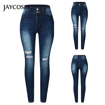 

JAYCOSIN Jeans Women's Lady Fashion Slim Hole High Waist Pockets Denim Solid Color Jeans Pencil Pants Ripped Skinny Trousers New
