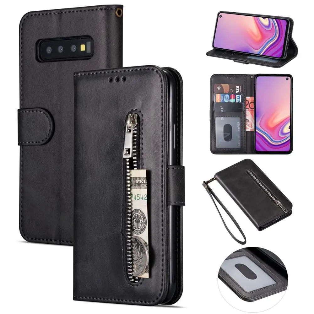 

Luxury S10e Zipper Wallet Cow Leather Case For Samsung Galaxy S8 S9 S10 Plus Stand Cover Wrist Strap