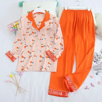 

Lisacmvpnel Autumn New Print Fashion Pajama Set Women's Long Sleeve Thin Silk Simple Fashion Two-piece Suit Sleepwear